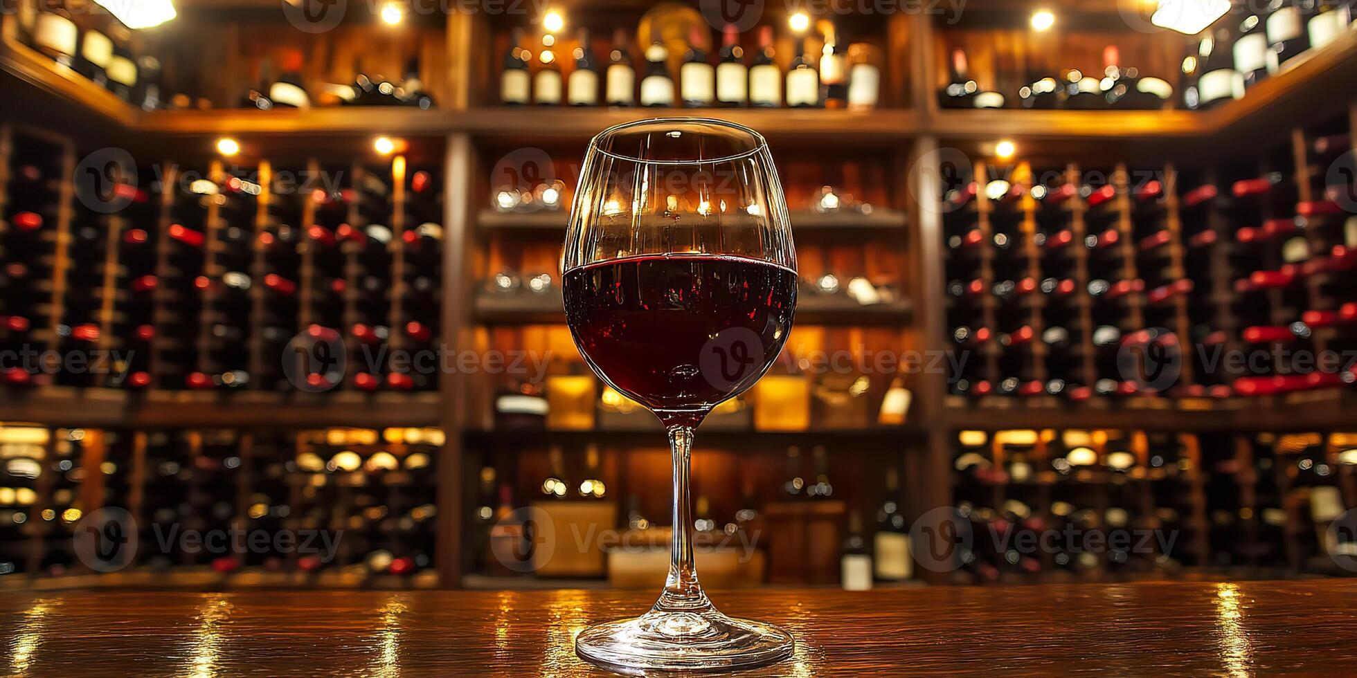 Glass of red wine in elegant cellar with bottles displayed on wooden racks. photo