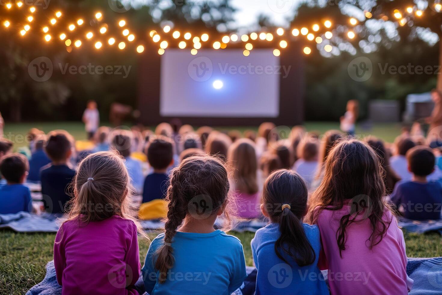 Outdoor evening movie screening with children watching under string lights. photo