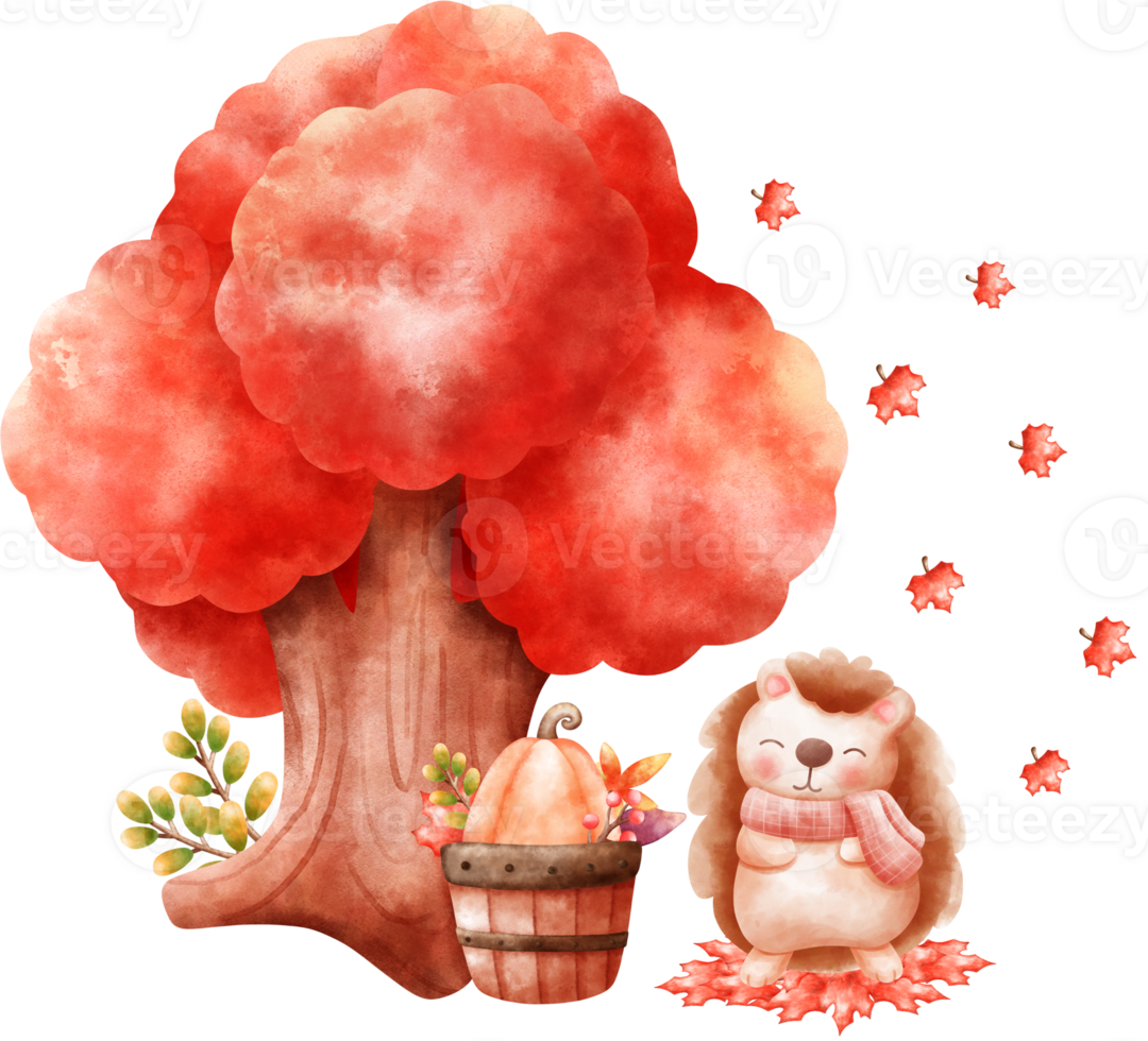 Watercolor Autumn Hedgehog With Red Maple Tree And Pumpkin Basket Illustration png