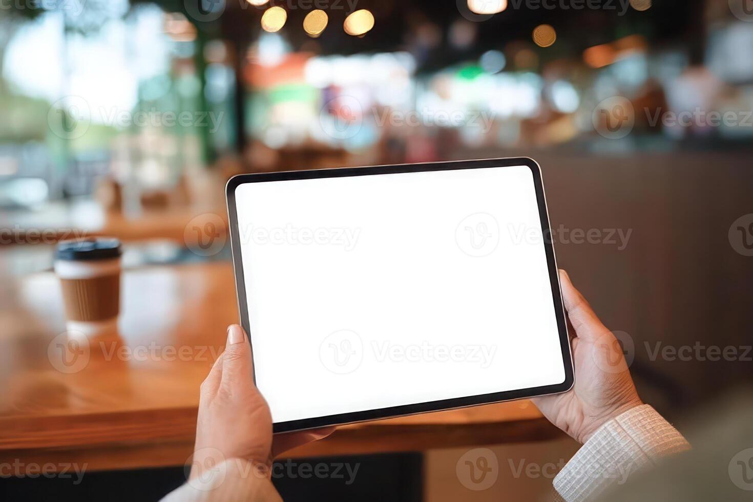 Person holding tablet with blank screen in cafe mockup technology digital device internet coffee photo