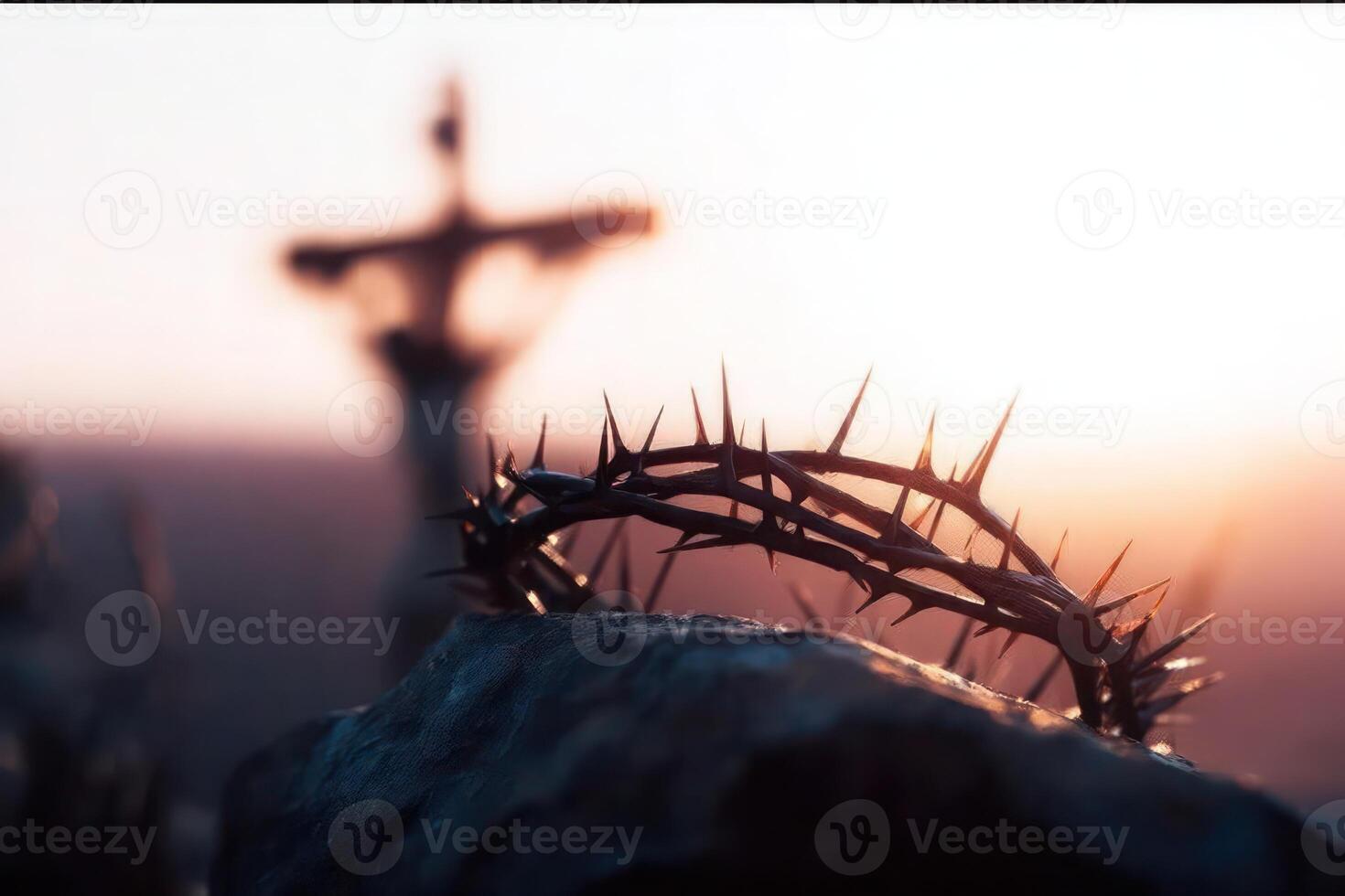 Crown of Thorns at Sunset with Cross Silhouette Religious Easter Image photo