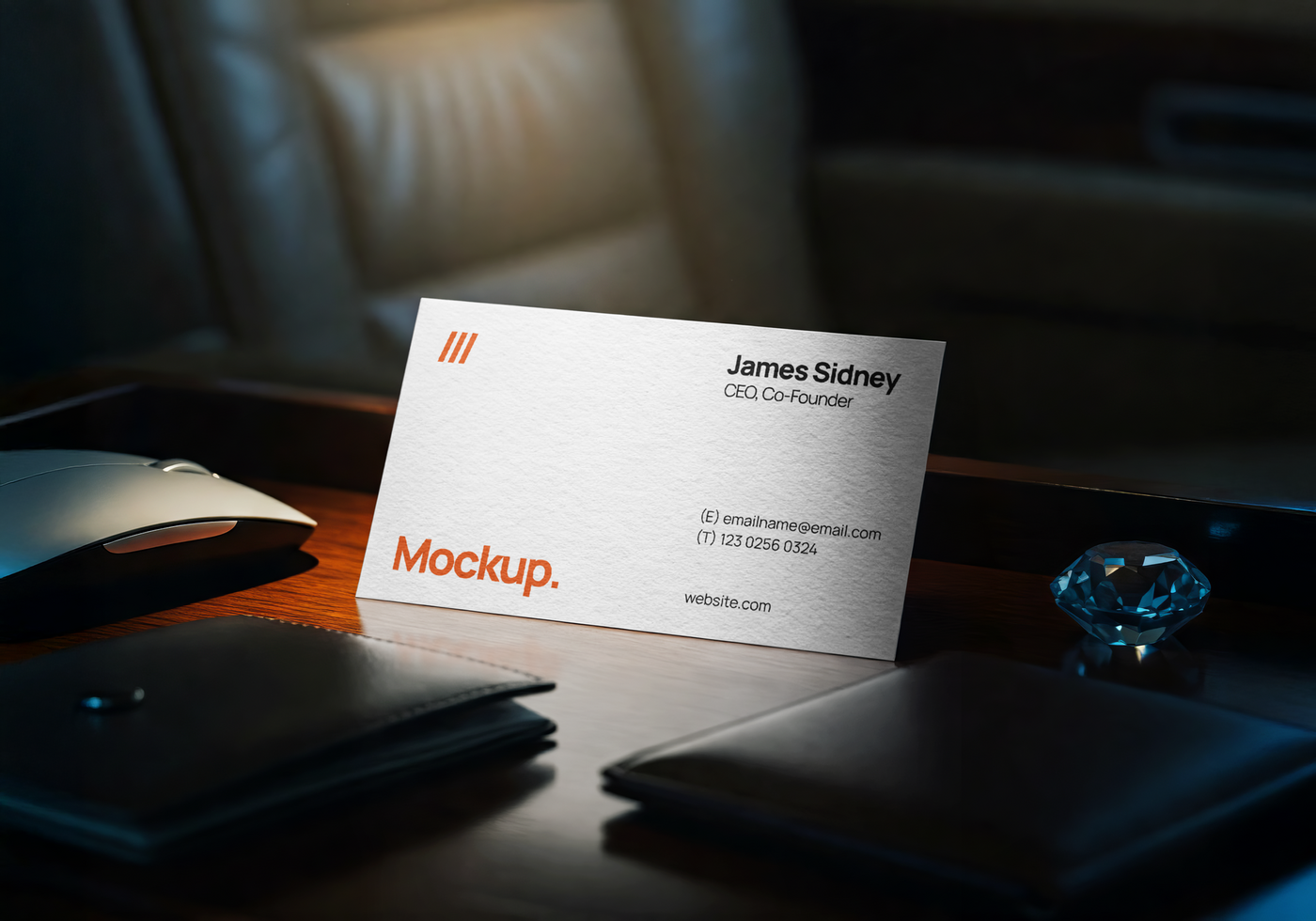 Professional business card mockup placed in a luxury car interior surrounded by notebooks and accessories psd
