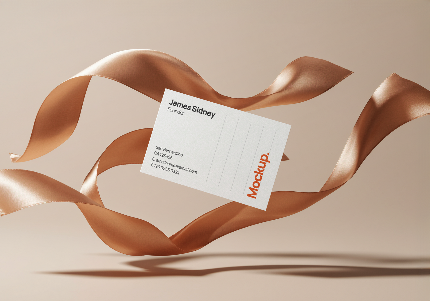 Floating business card mockup with soft ribbon motion and beige background emphasizing luxury aesthetics psd