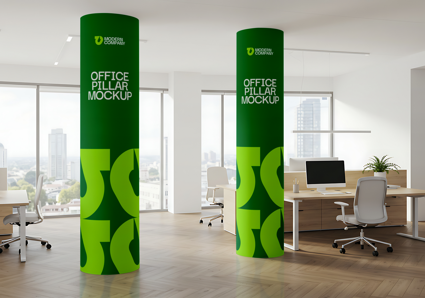 Modern office pillars showcasing a vibrant green and lime design mockup psd