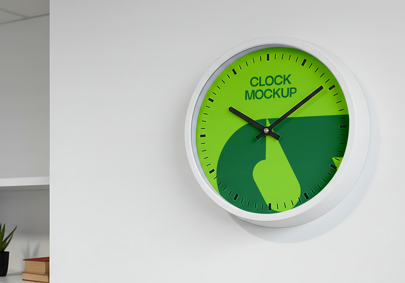 A modern lime green and white clock mockup hangs on a wall psd