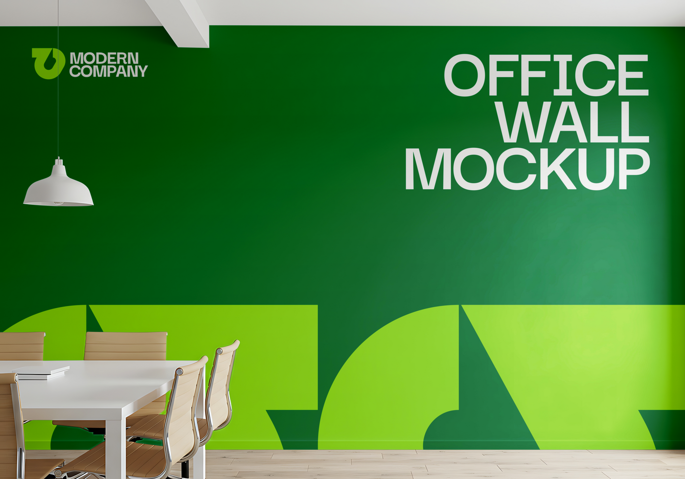 A modern office wall mockup showcasing a green and lime green geometric design psd