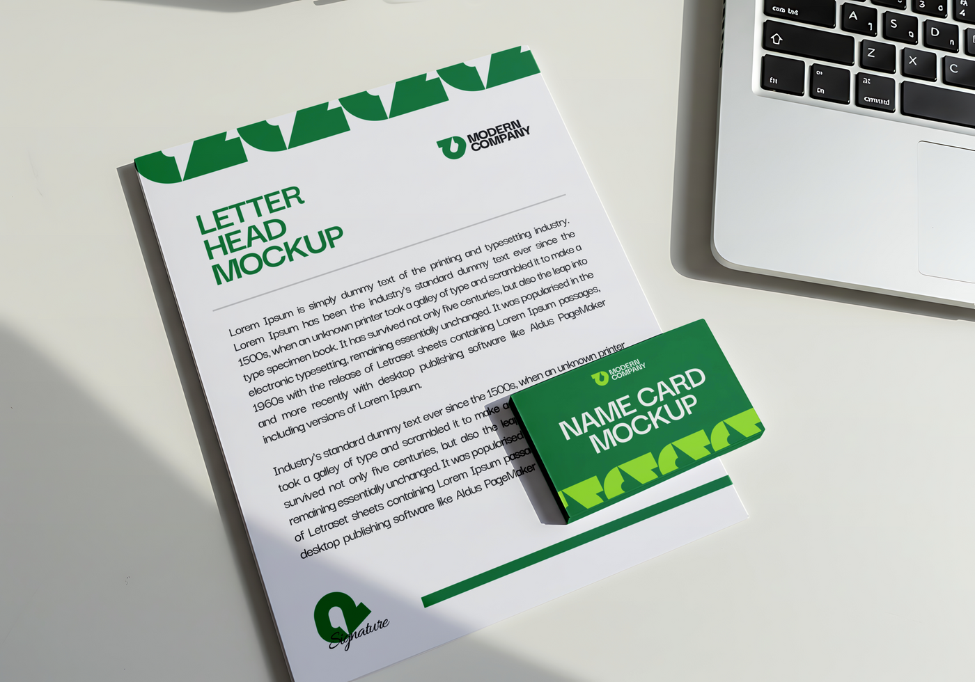 A letterhead and name card mockup featuring a clean modern design psd