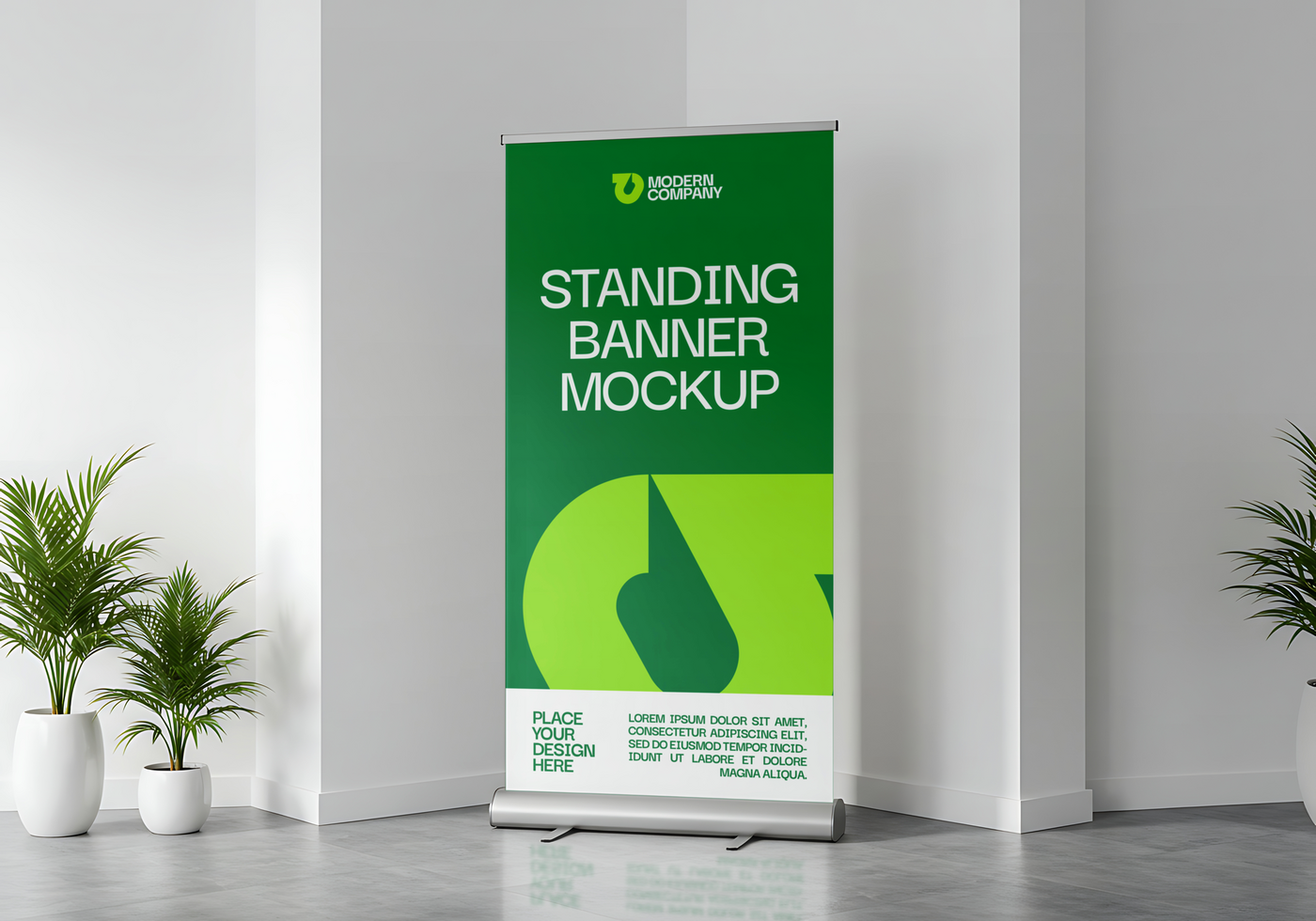 A modern standing banner mockup displays a green and lime design psd
