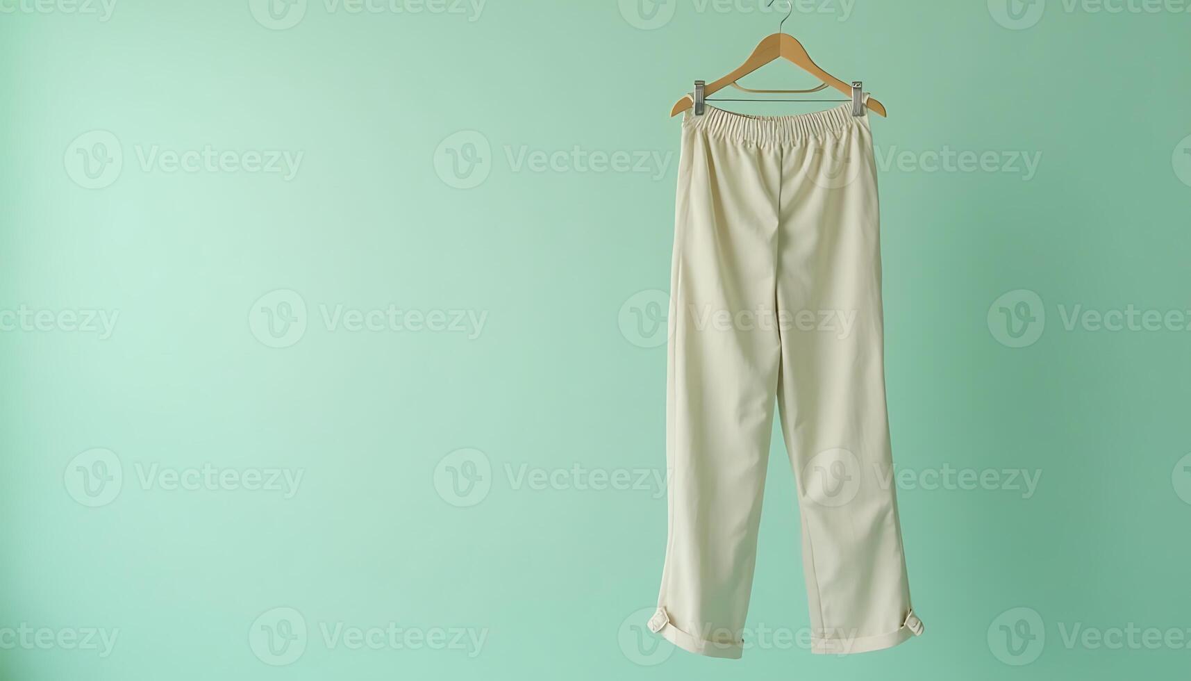 Trouser on Hanger Against Green Backdrop photo