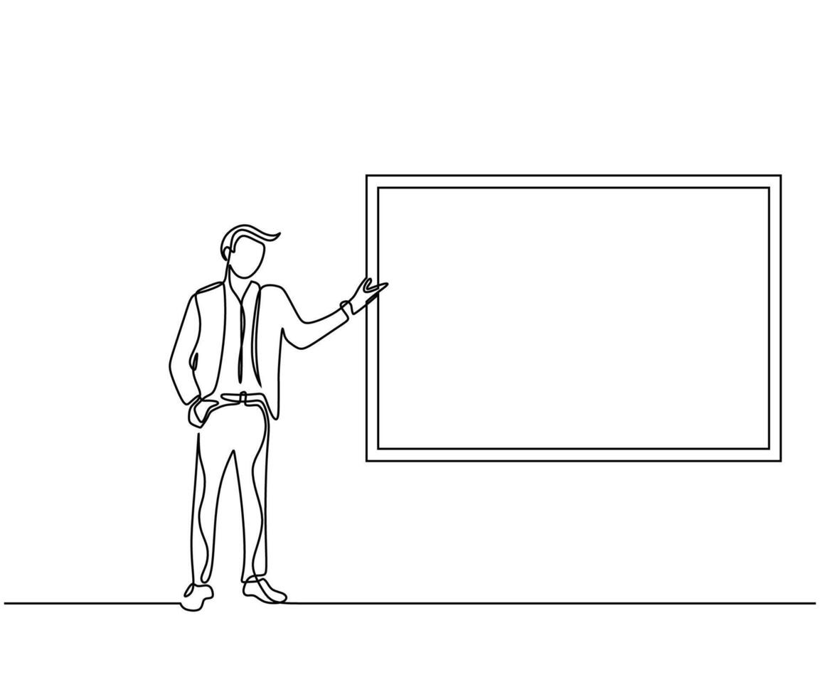 One line drawing businessman pointing at blank board. people business theme, marketing and meeting concept presentation. vector