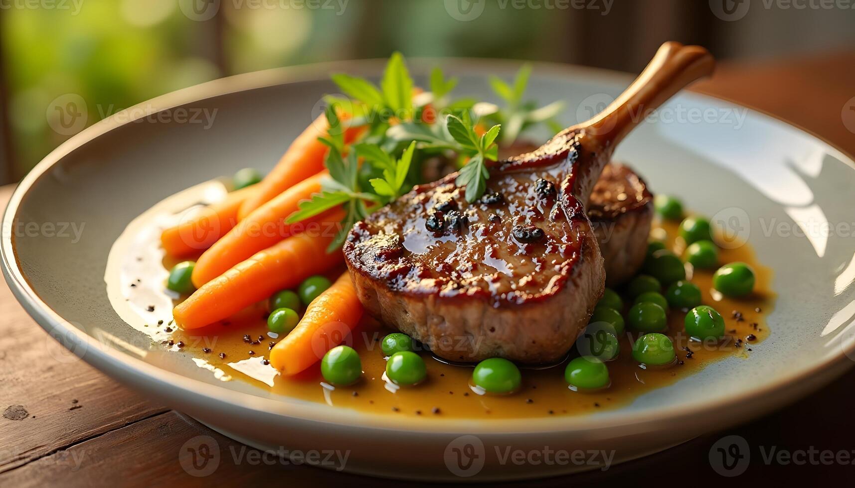 Lamb Chop with Carrots and Peas on Plate photo