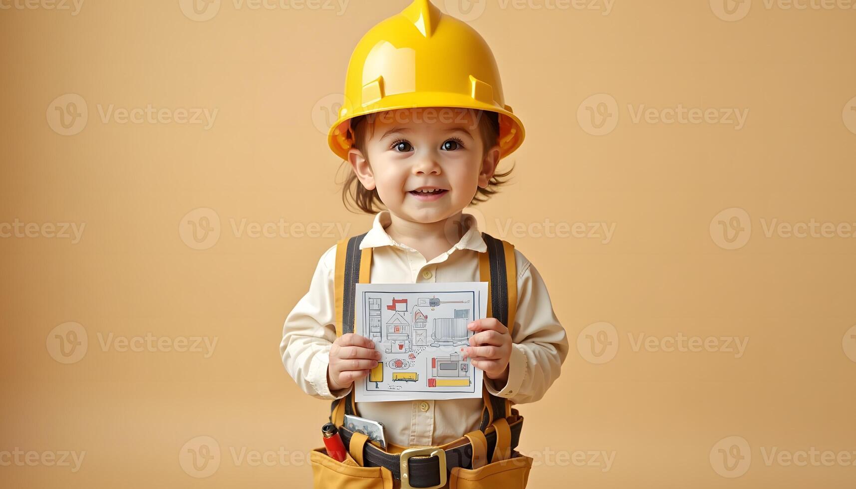 Child Dressed As Builder Holding House Plan photo
