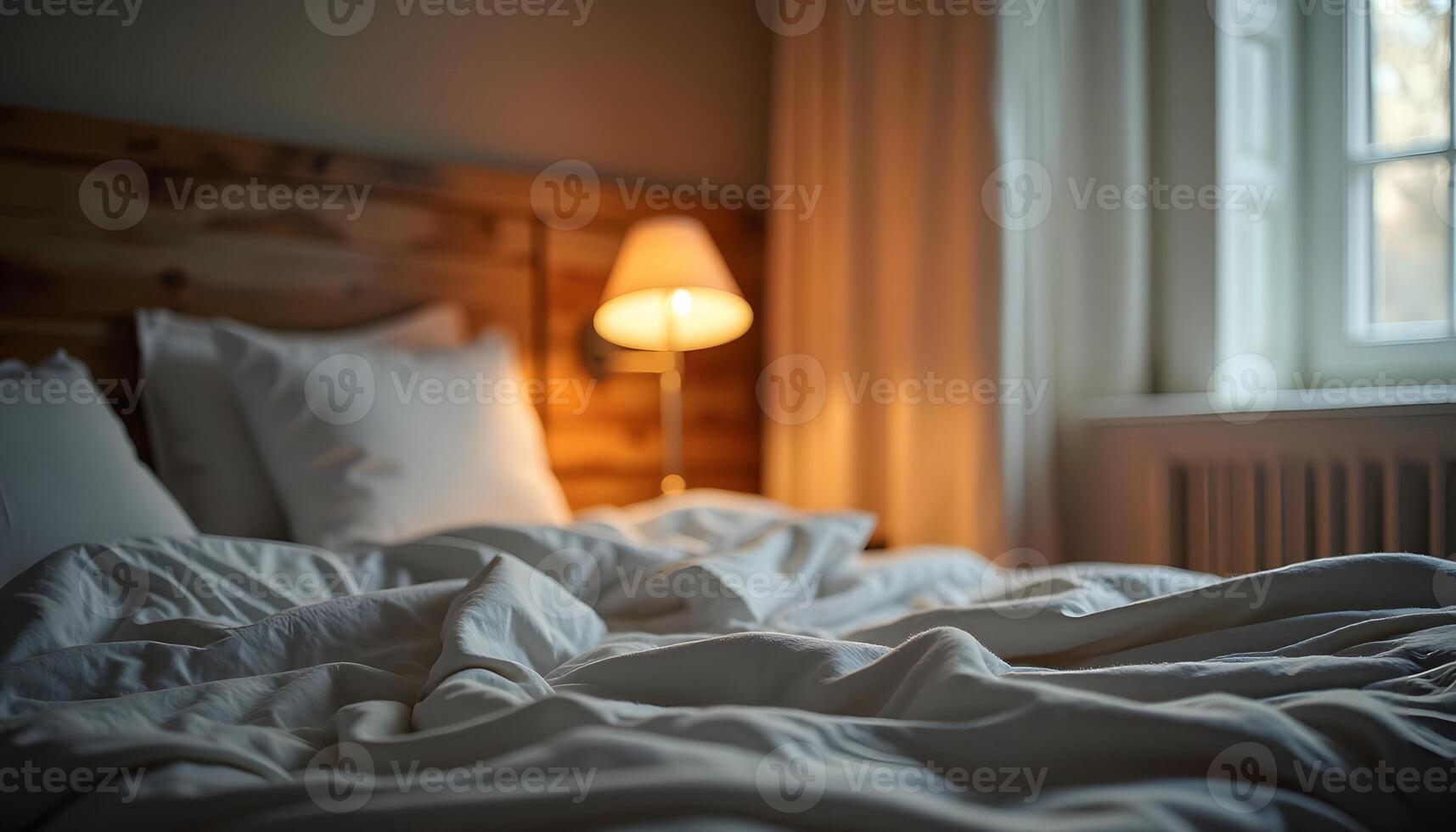 Bedroom with Bed, Lamp, Window and White Bedding photo