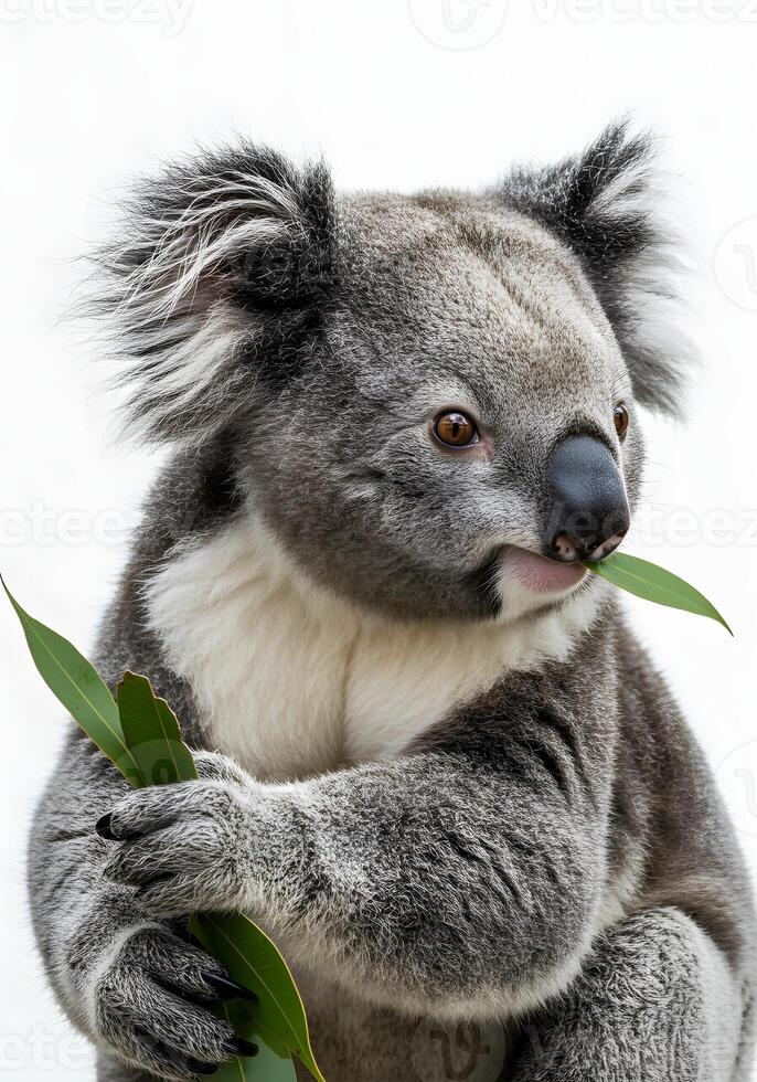 Koala Eating Eucalyptus Leaf Portrait photo