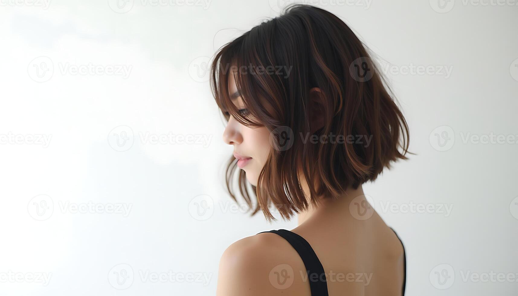 Woman with Short Wavy Bob and Bangs Hairstyle photo