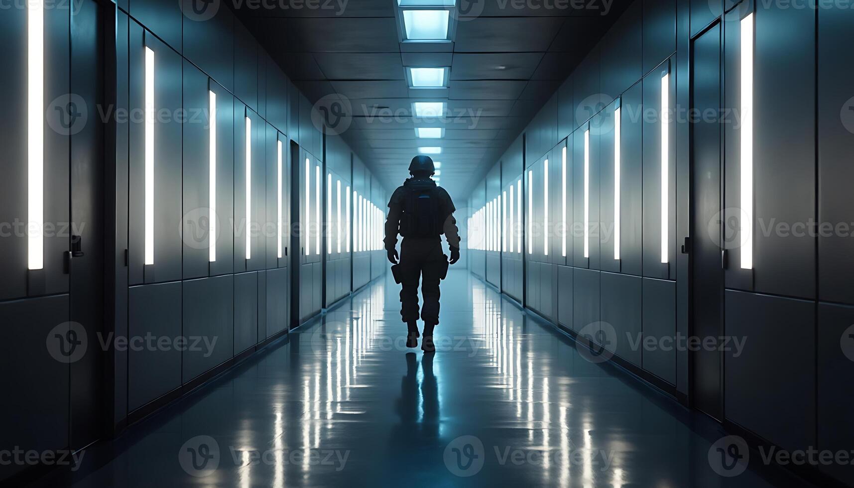 Soldier Walks Down Lit Corridor photo