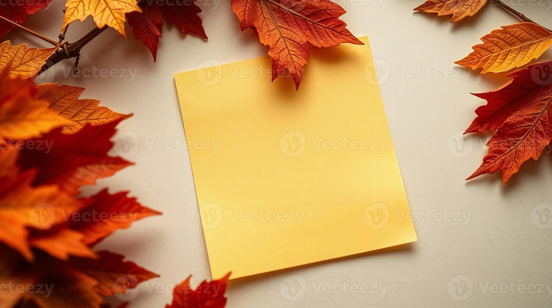 A close-up of a sticky note in soft autumn colors, with warm tones and a cozy, peaceful feeling. photo