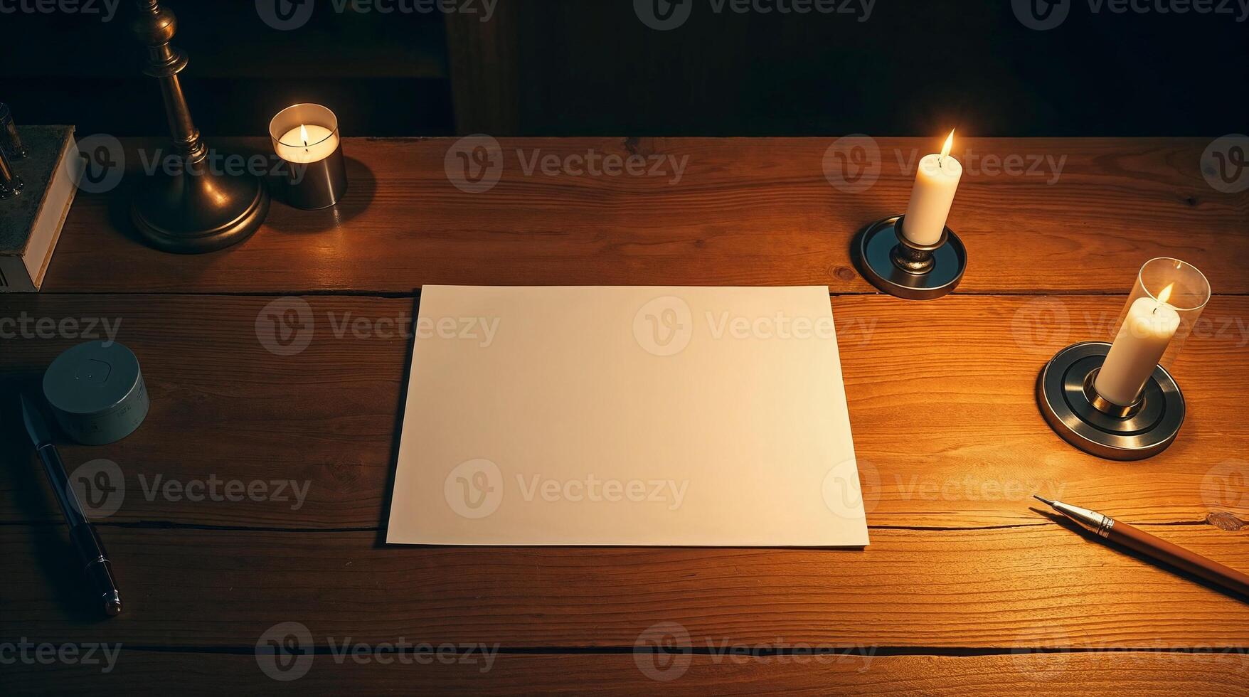 Photorealistic shot of wooden desk with blank paper. Candlelight glow emphasizes surface texture and depth. photo