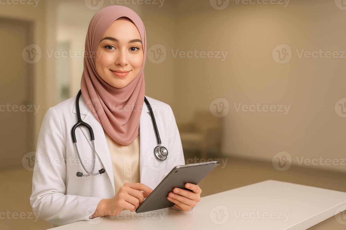 A woman in a hijab is holding a tablet computer photo