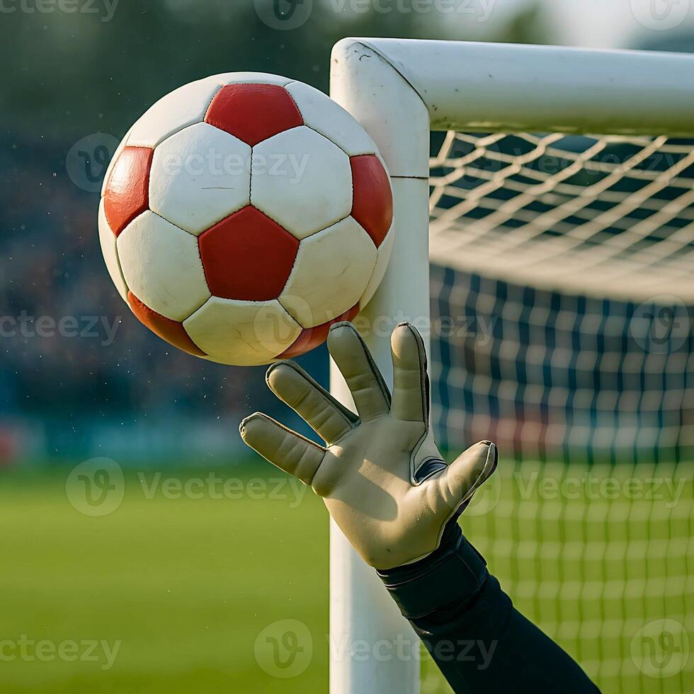 A close up shot of a goalkeepers gloved hand reaching to block a red and white soccer ball hitting the goalpost during an outdoor match, with the net and blurred crowd in the background. photo