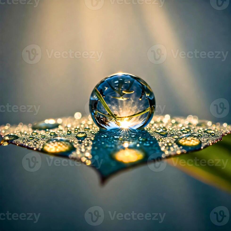 Close-up of a single dew drop on a leaf, reflecting sun rays and foliage, surrounded by glistening droplets with soft morning light and a dreamy, tranquil atmosphere. photo