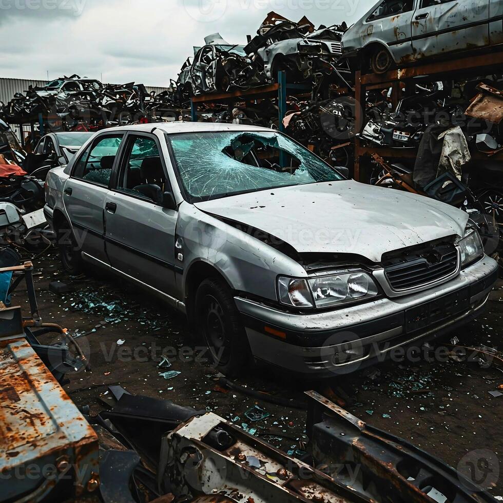 Heavily damaged silver sedan with a smashed windshield and dented hood sits in a crowded junkyard, surrounded by broken glass, rusted parts, and stacked wrecked vehicles. photo