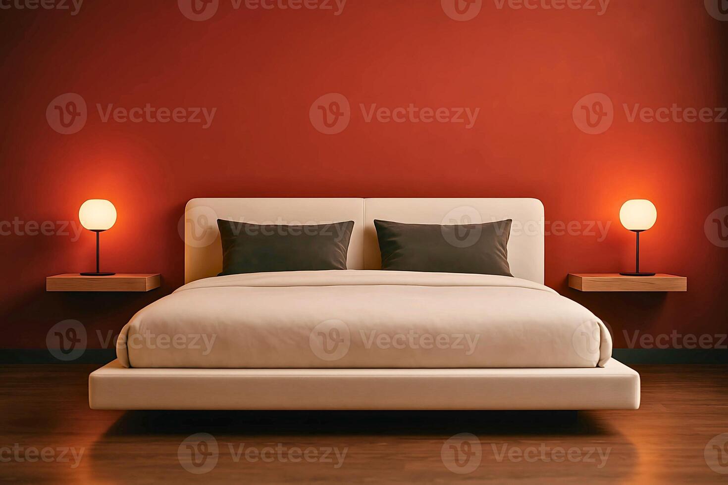 Minimalist bedroom with a striking reddish orange accent wall and modern furniture photo