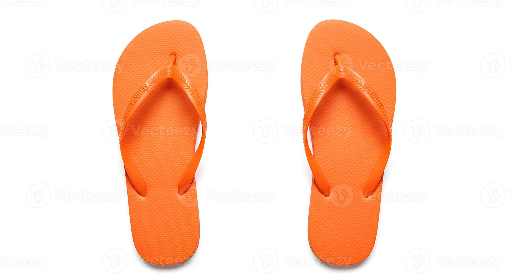 Top view of casual summer flip flops on white background for use in seasonal catalog layouts beachwear blogs and minimalist product designs photo