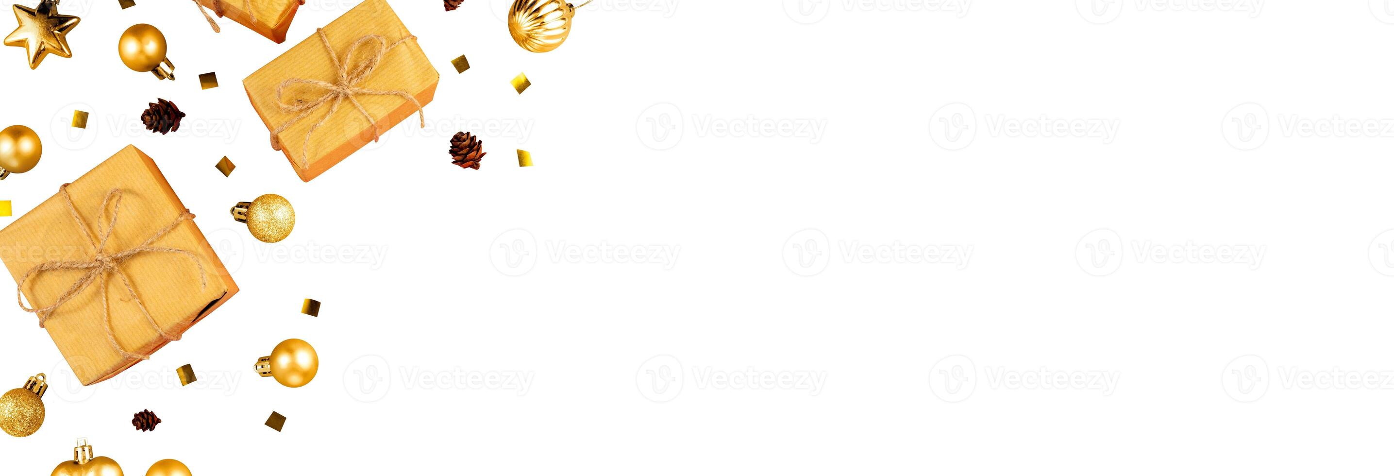 golden gift box with balls for banner decoration photo