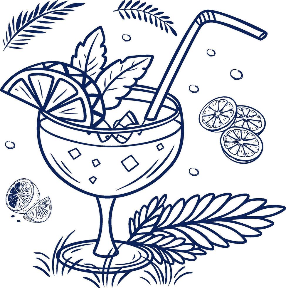 Cocktail with lemon and mint leaves on a white background vector
