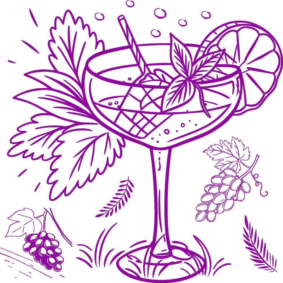 A purple drawing of a cocktail with grapes and leaves vector