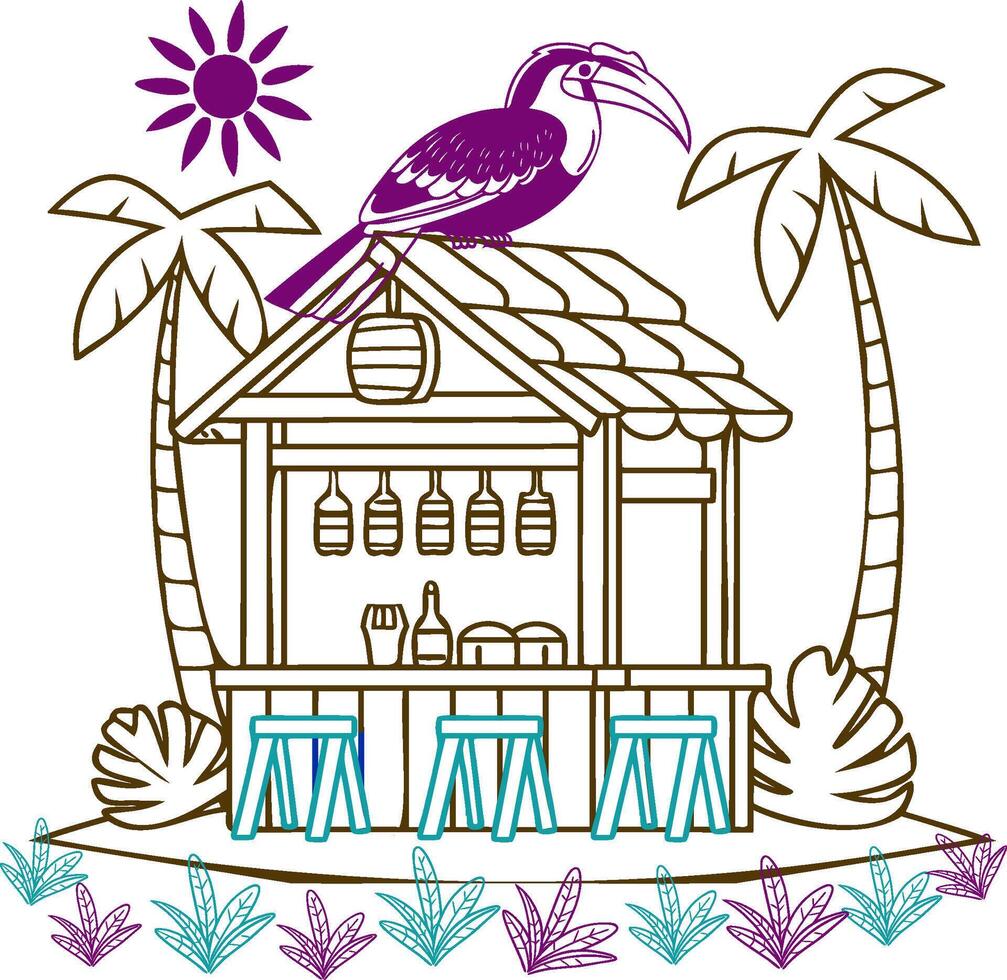 A toucan is perched on top of a hut with palm trees vector