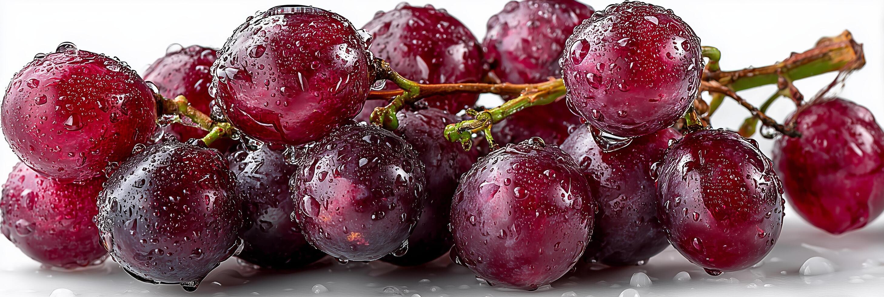 Fresh grapes with water droplets on a white surface. photo