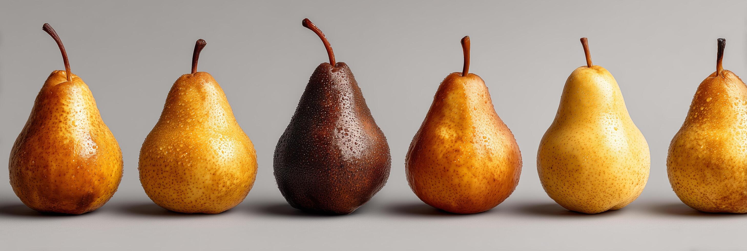 Six pears of various colors lined up on a surface. photo