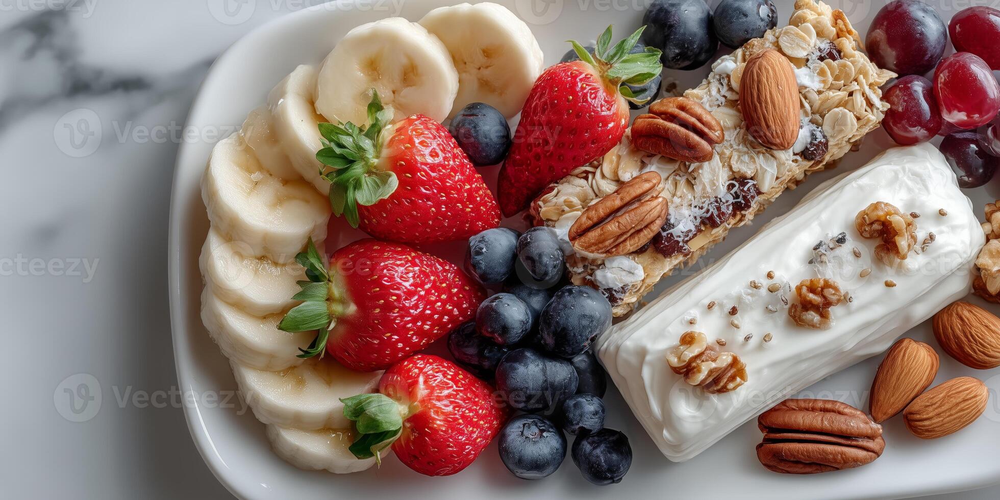 Colorful fruit platter with yogurt and nuts on a marble surface. Wellness healthy diet. photo