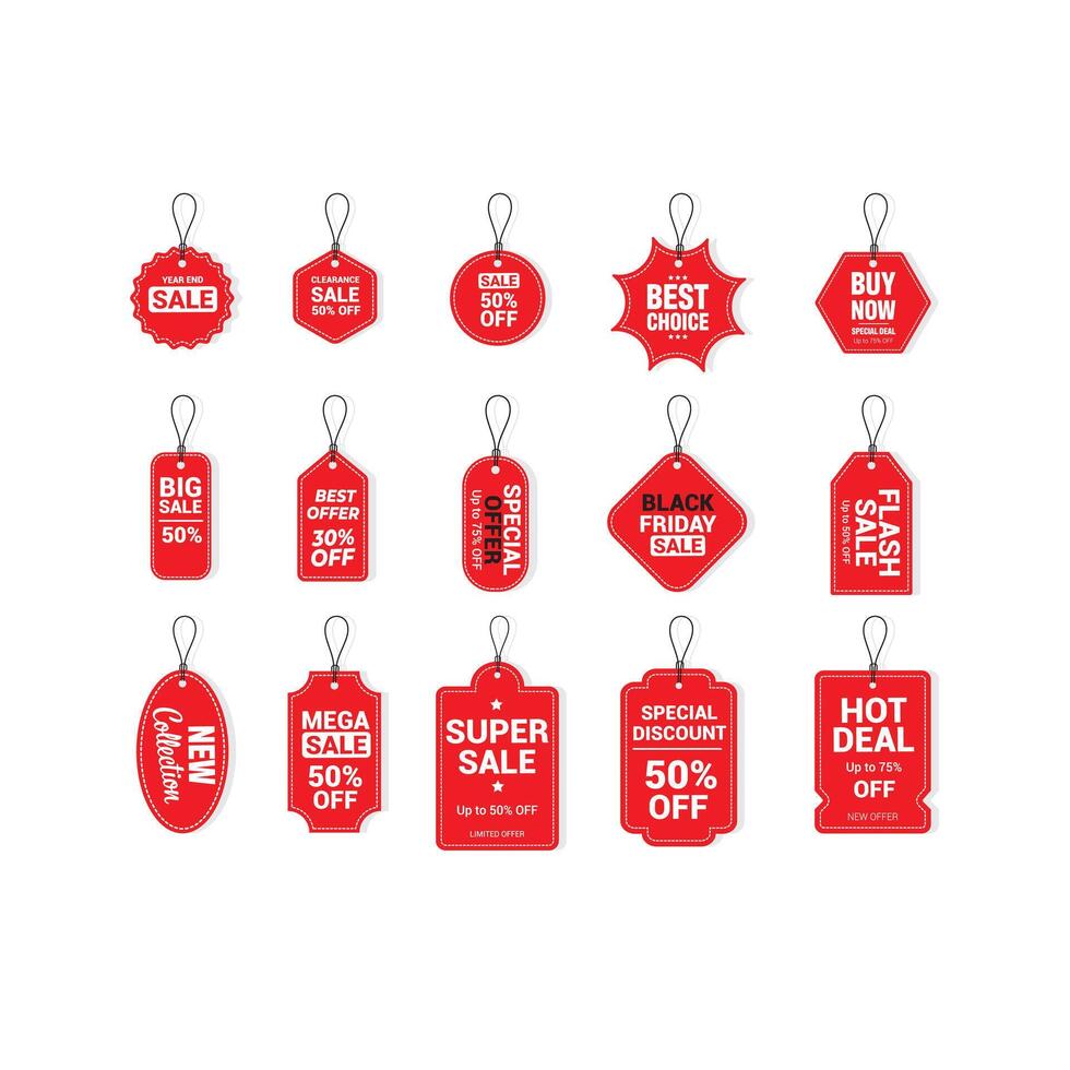 Red price tags collection. Special offer or shopping discount label. Retail paper sticker. Promotional sale badge with text. price tag set. vector