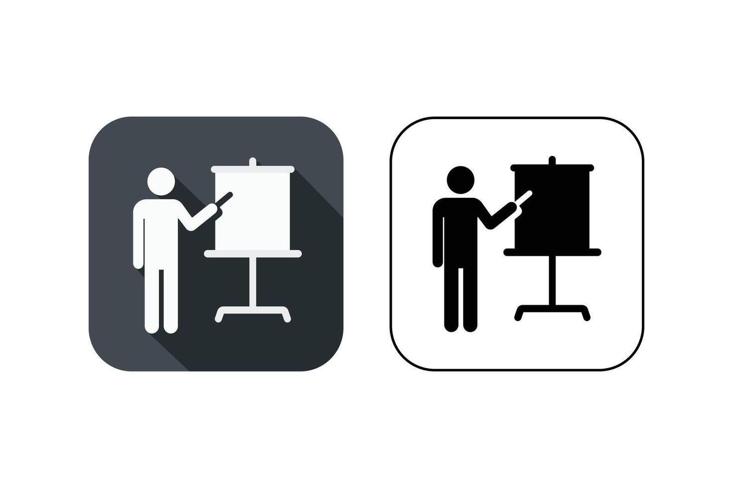 Presentation icon featuring a speaker pointing to a blank white board in two design styles vector