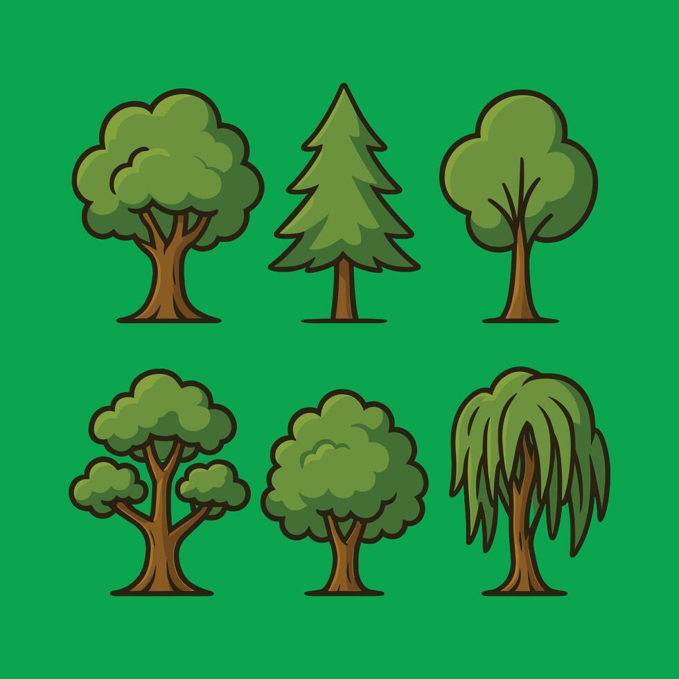 Collection of Six Diverse Cartoon Tree Illustrations vector
