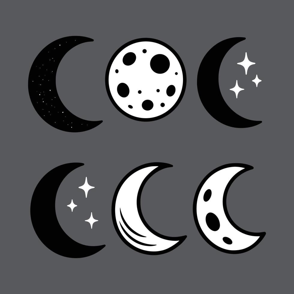 Six Stylized Moon Phases with Stars and Craters vector