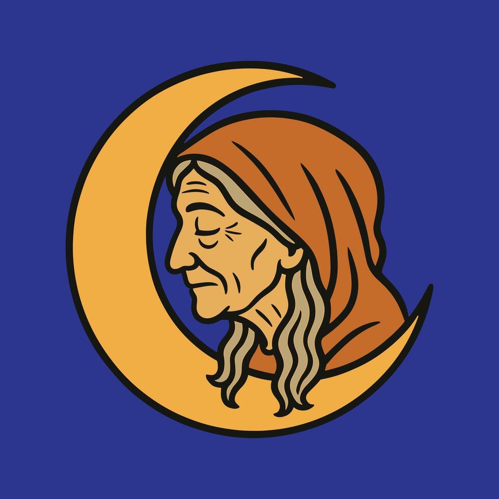 Aged Woman Profile within Crescent Moon Illustration vector