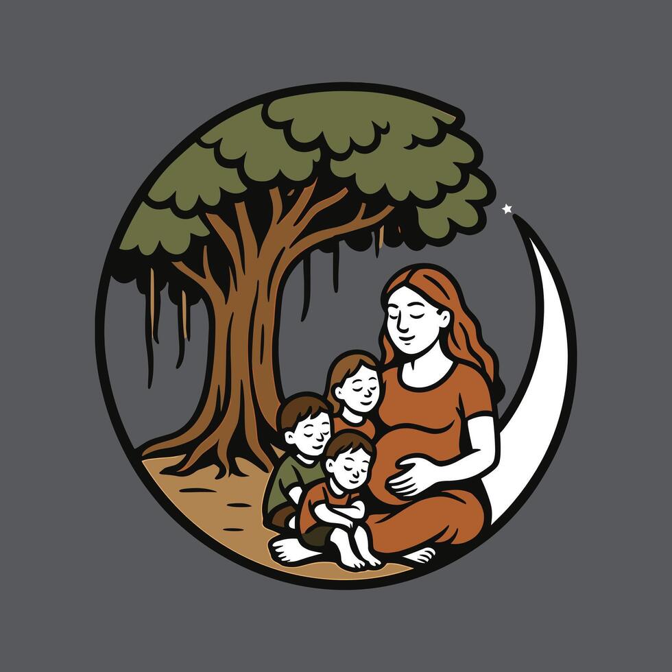 Pregnant Mother with Three Children Under a Tree vector
