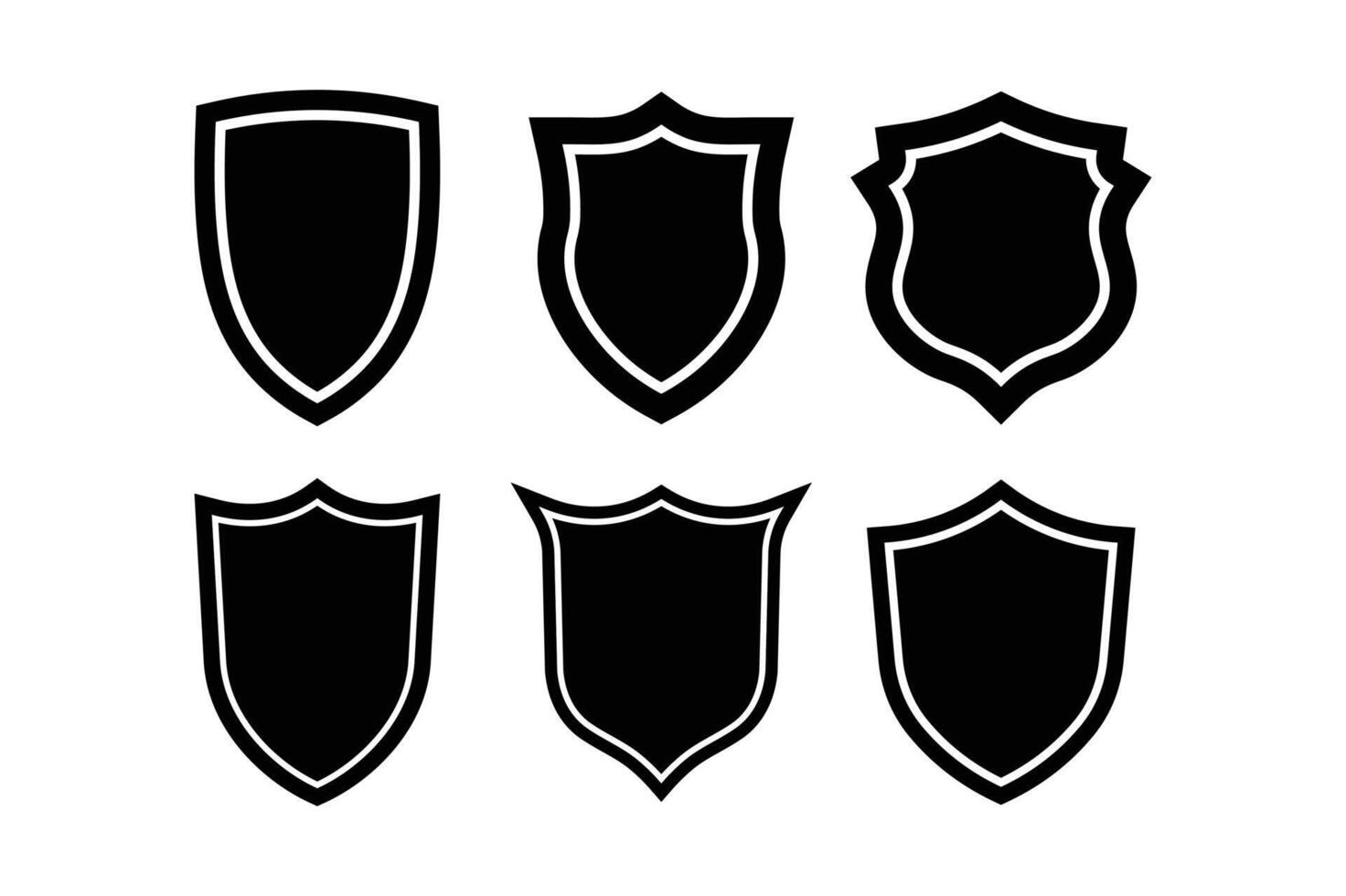 Six black shield icons displaying different shapes and designs against a white background vector