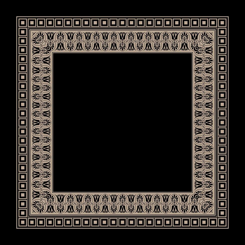Square gold classic frame. Gold Greek meander. Patterns of Greece and ancient Rome. Circle european border plate. Square antique border Greek. Typical egyptian, assyrian and greek motives vector