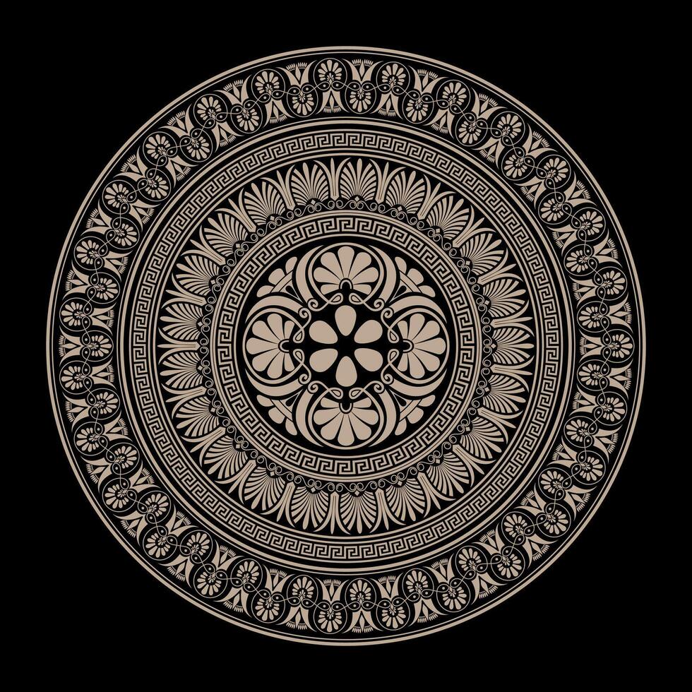 Decorative Gold round frame for design with Greek key, meander. Circle golden frame. Egyptian, Assyrian, Greek motif circular frame. Template for textiles, engraving, forging, embroidery, porcelain vector