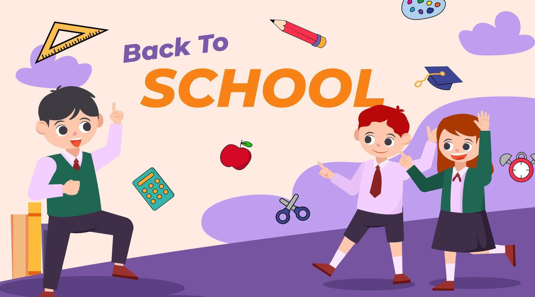 Cute kids going to school with stationery flat illustration vector