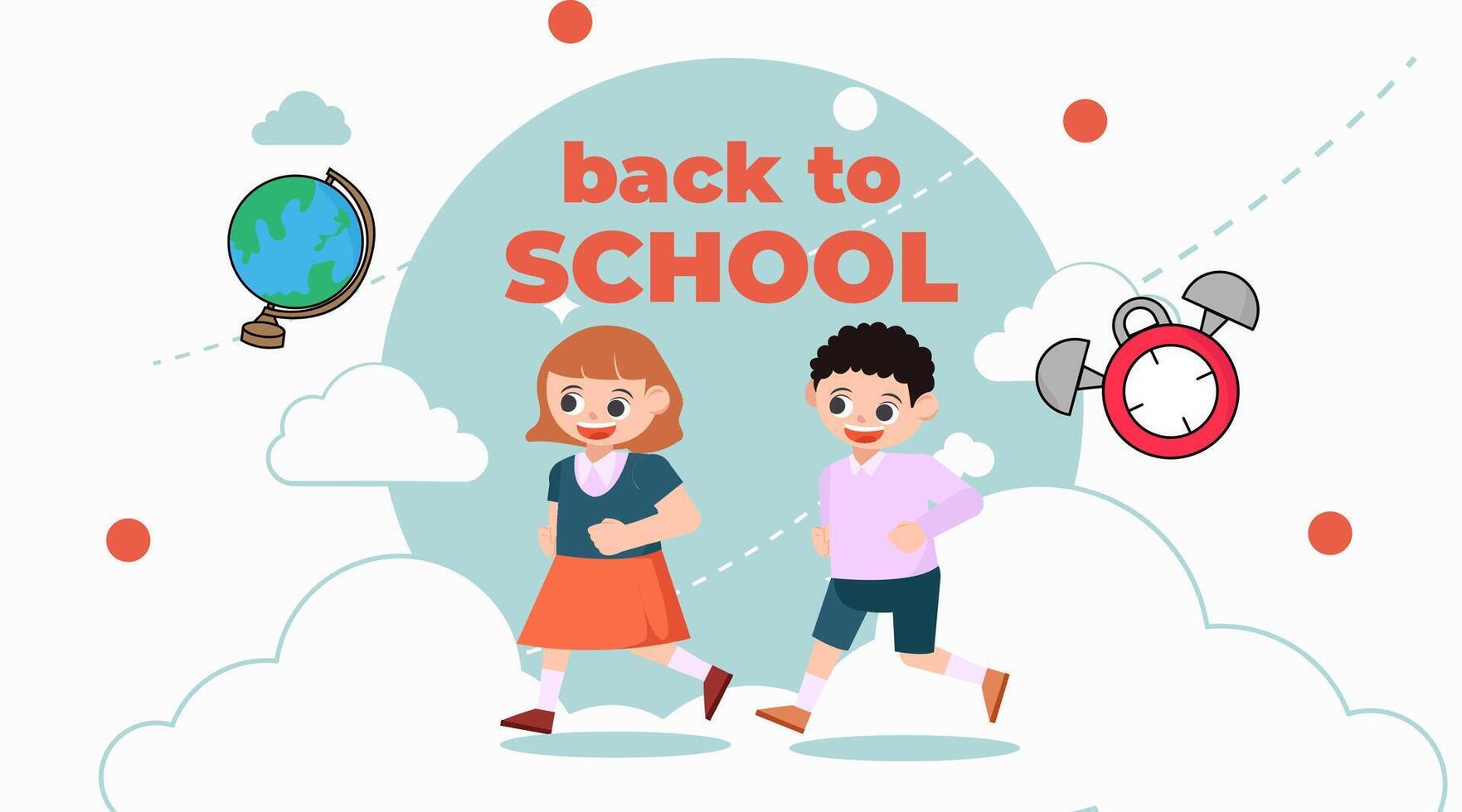 Cute kids going to school with clouds and stationery flat illustration vector