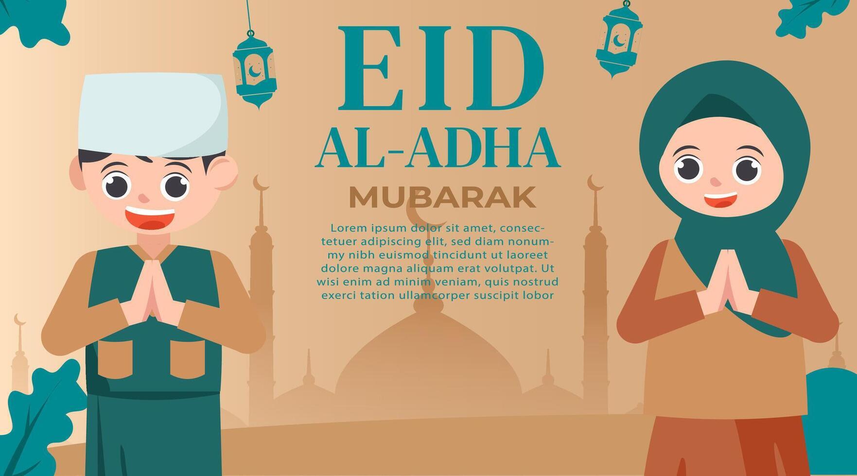Eid al-Adha Celebration Background with Muslim Little Child Character Illustration. Concept of Islamic Holiday, Animal Sacrifice, and Eid Greetings vector