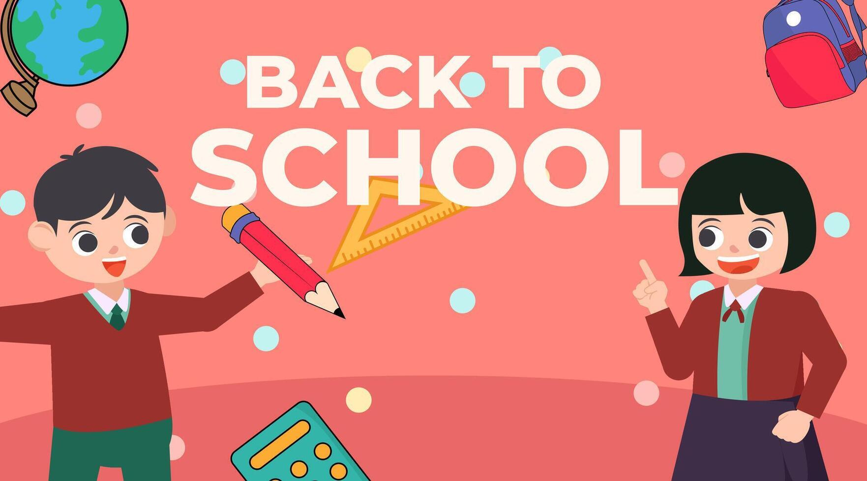 Cute kids going to school with books and stationery flat illustration vector