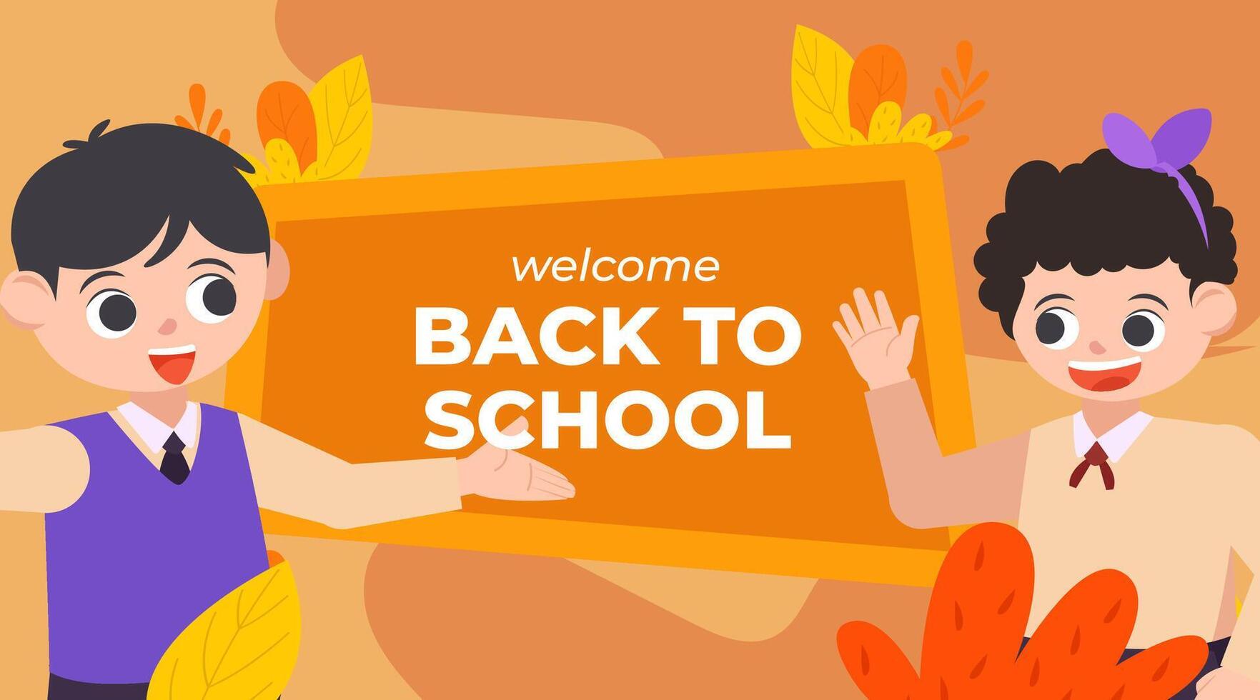 Cute kids going to school with board and leaf vector