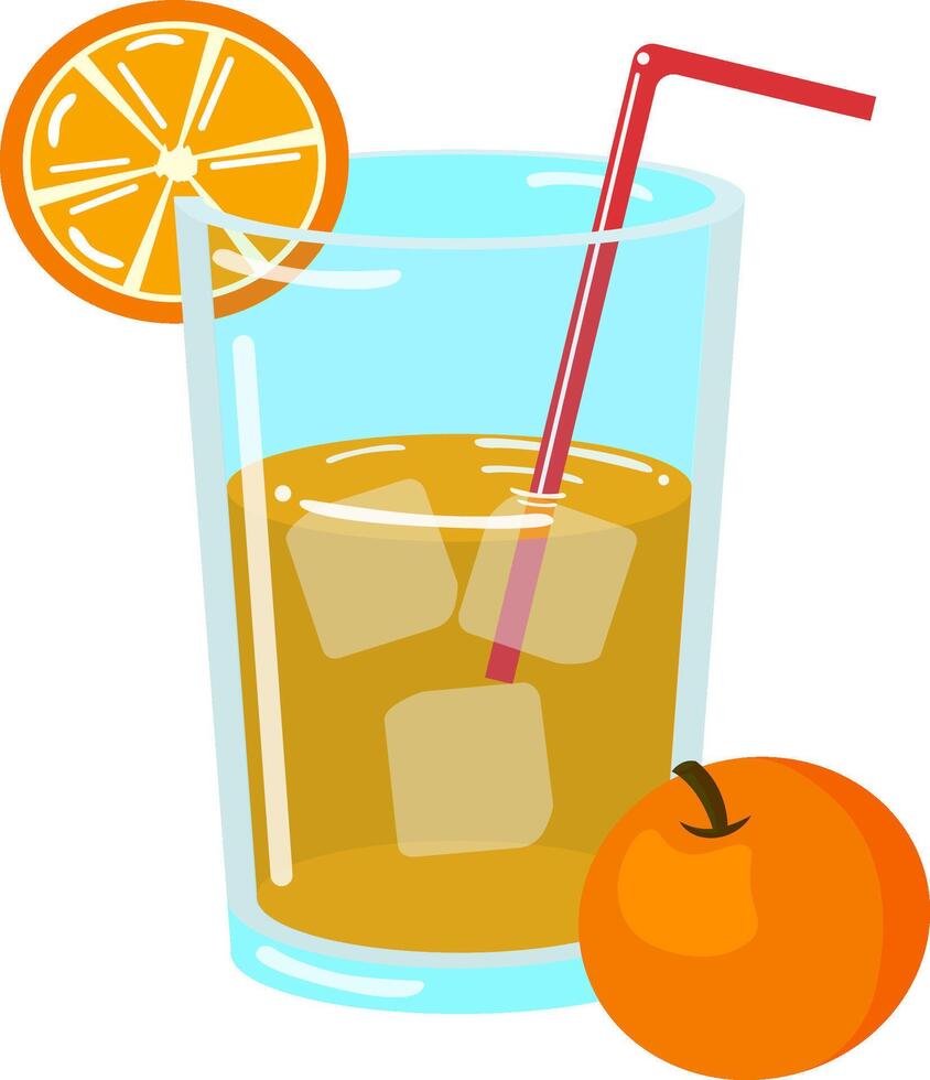 Fresh Orange Juice in Glass with Ice and Orange Slice. Refreshing Citrus Drink Illustration vector